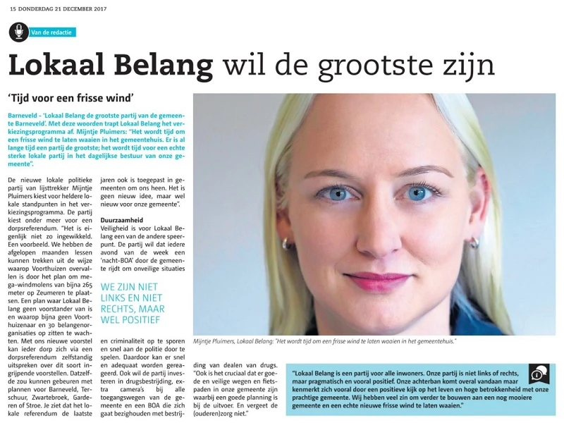 Artikel in de Barneveld Vandaag over presentatie verkiezingsprogramma; Lokaal Belang wil de grootste zijn
