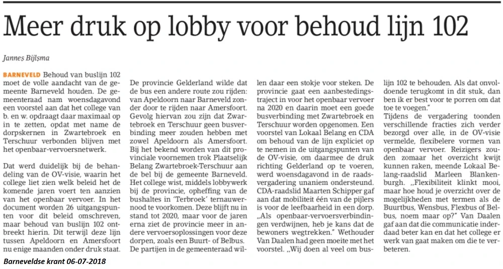 Meer druk op lobby voor behoud lijn 102