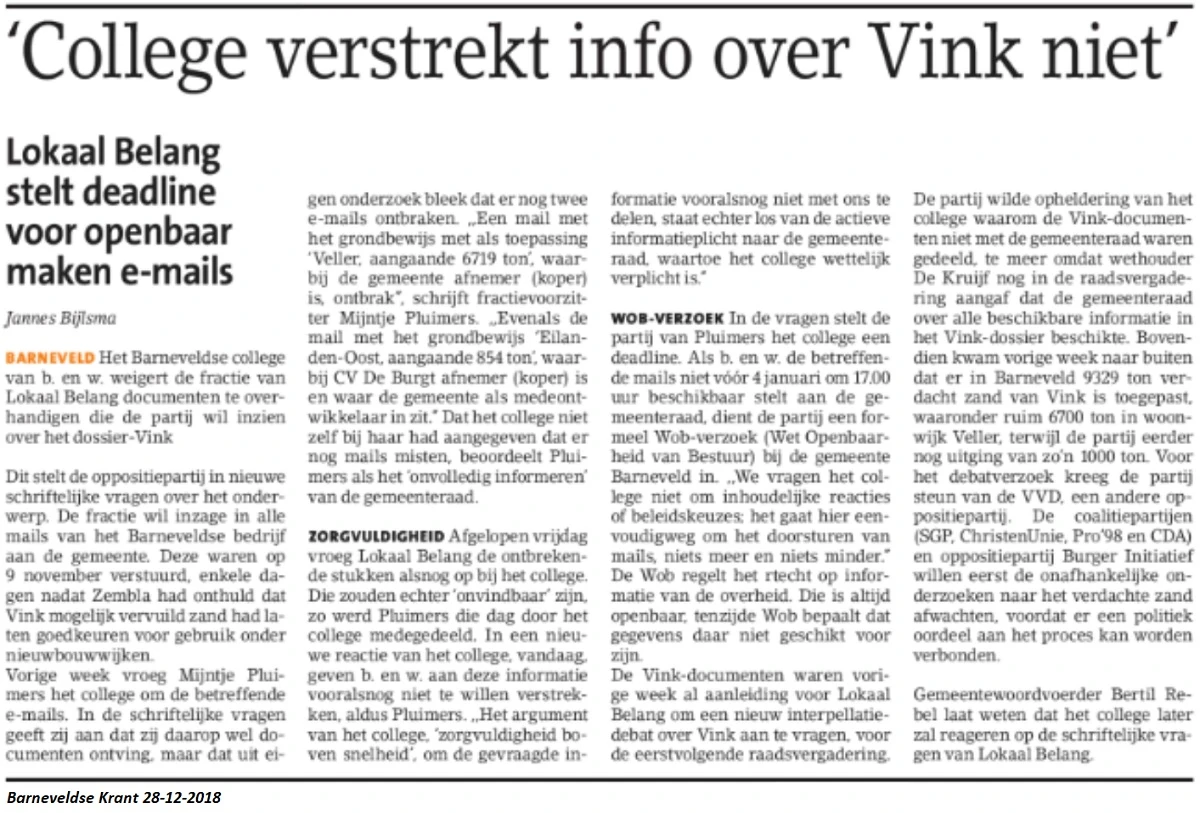 Barneveldse Krant: 'College verstrekt info over Vink niet'