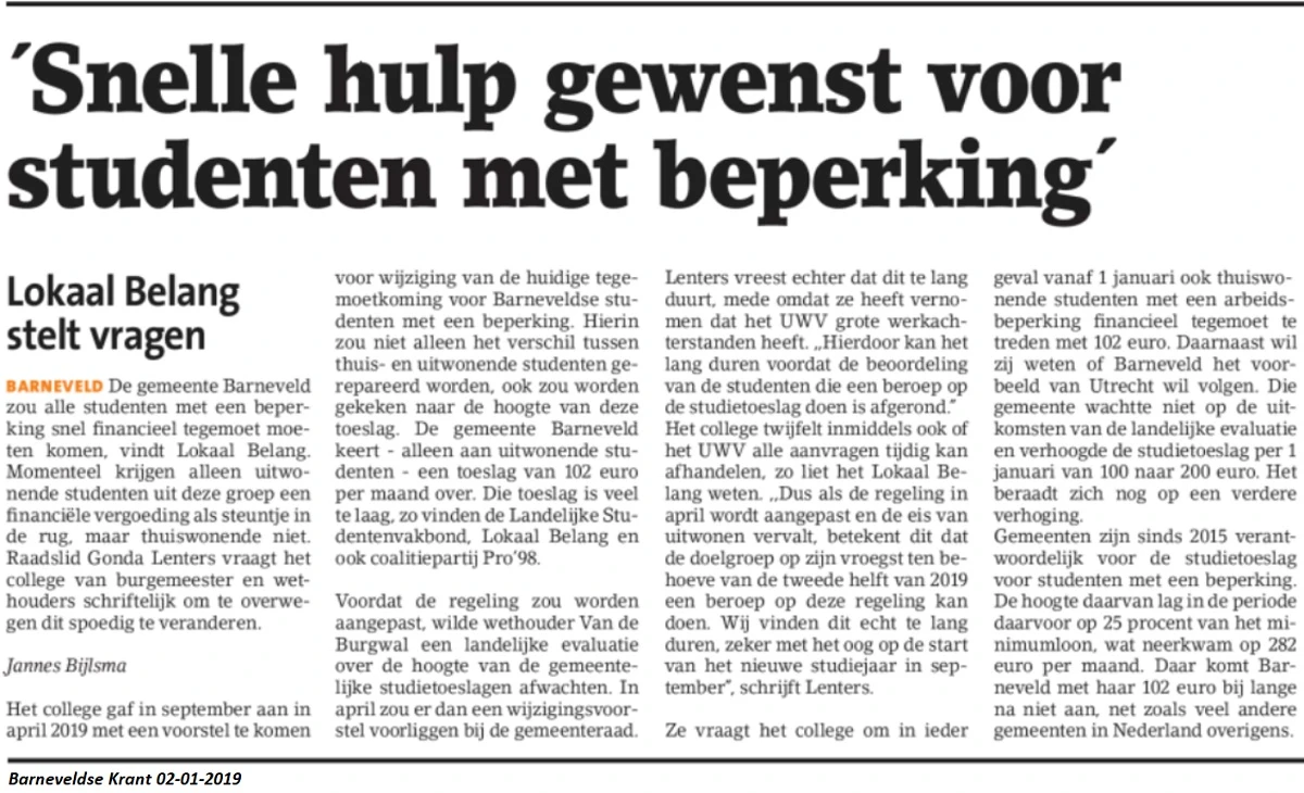 Artikel Barneveldse Krant 'Snelle hulp gewenst voor studenten met beperking'