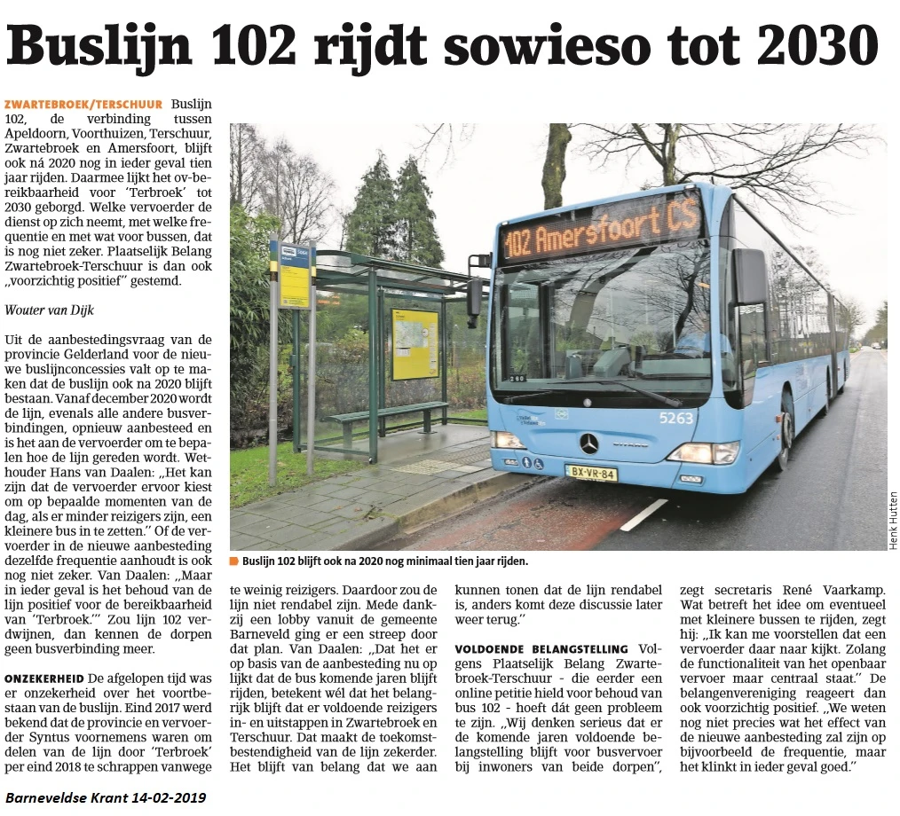 Barneveldse Krant: Buslijn 102 rijdt sowieso tot 2030