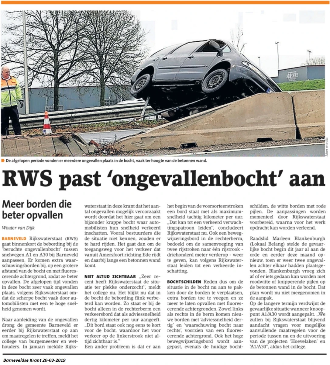 Artikel Barneveldse Krant: RWS pakt 'ongevallenbocht' aan