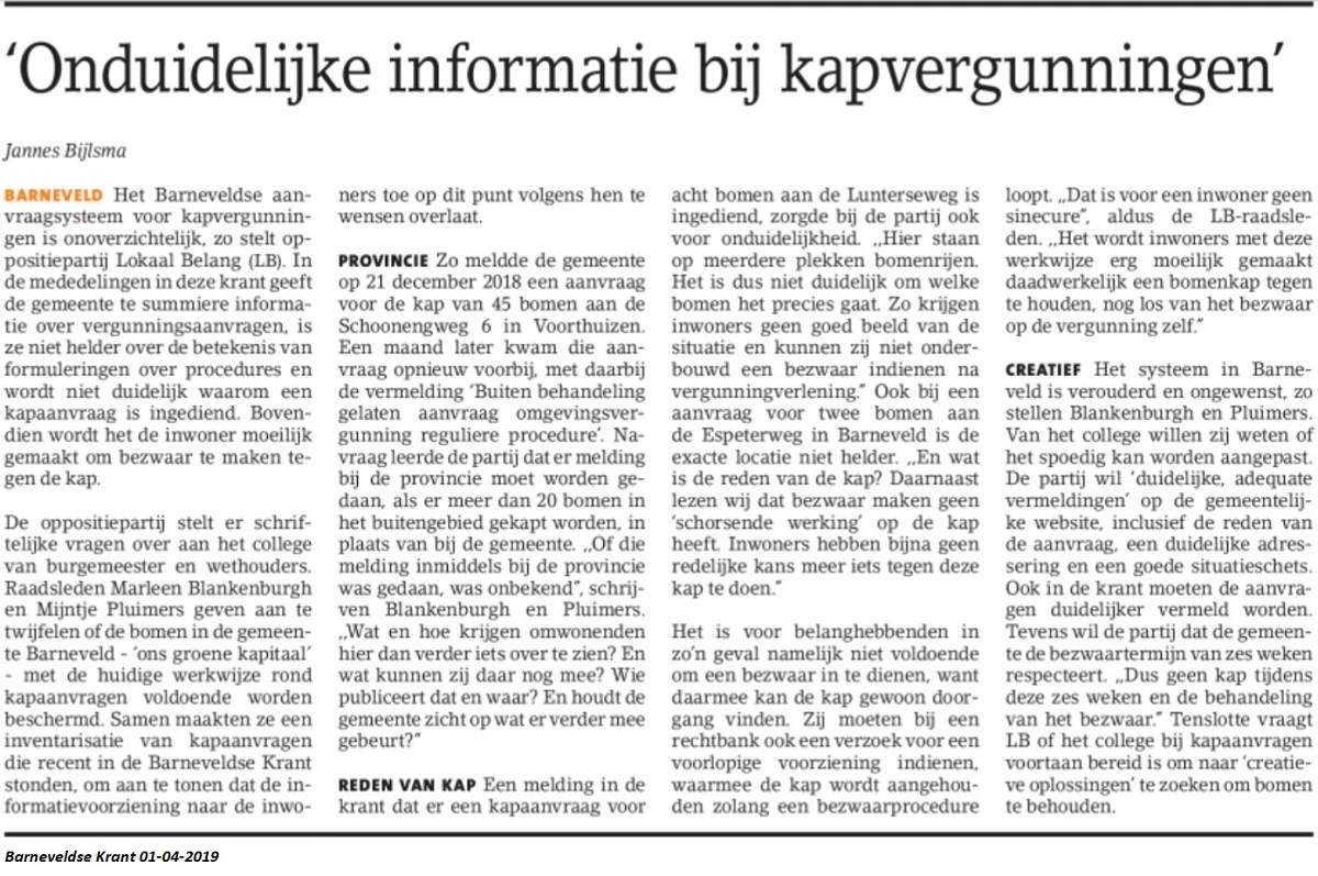 Artikel Barneveldse Krant; 'Onduidelijke informatie bij kapvergunningen'