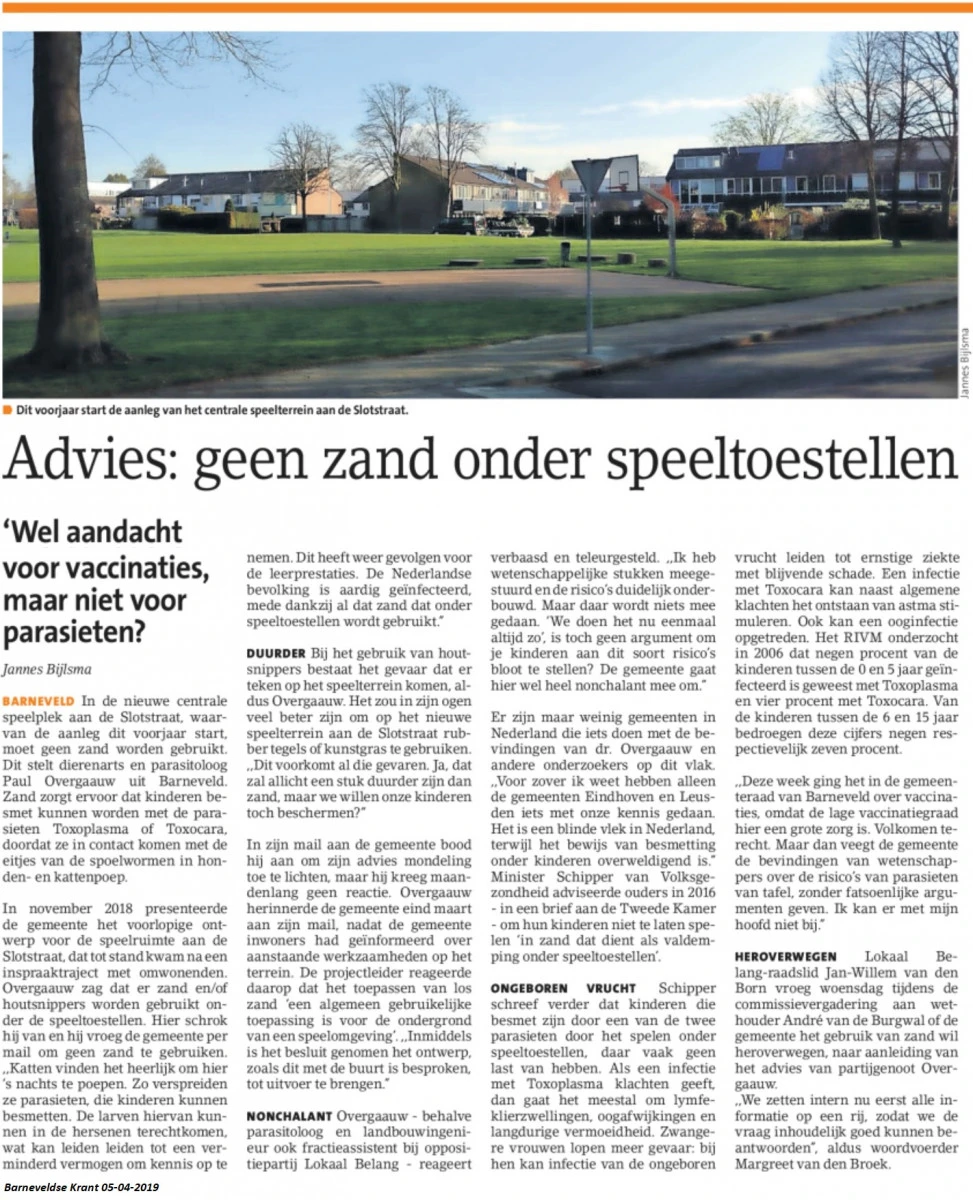 Artikel Barneveldse Krant: 'Advies: geen zand onder speeltoestellen'