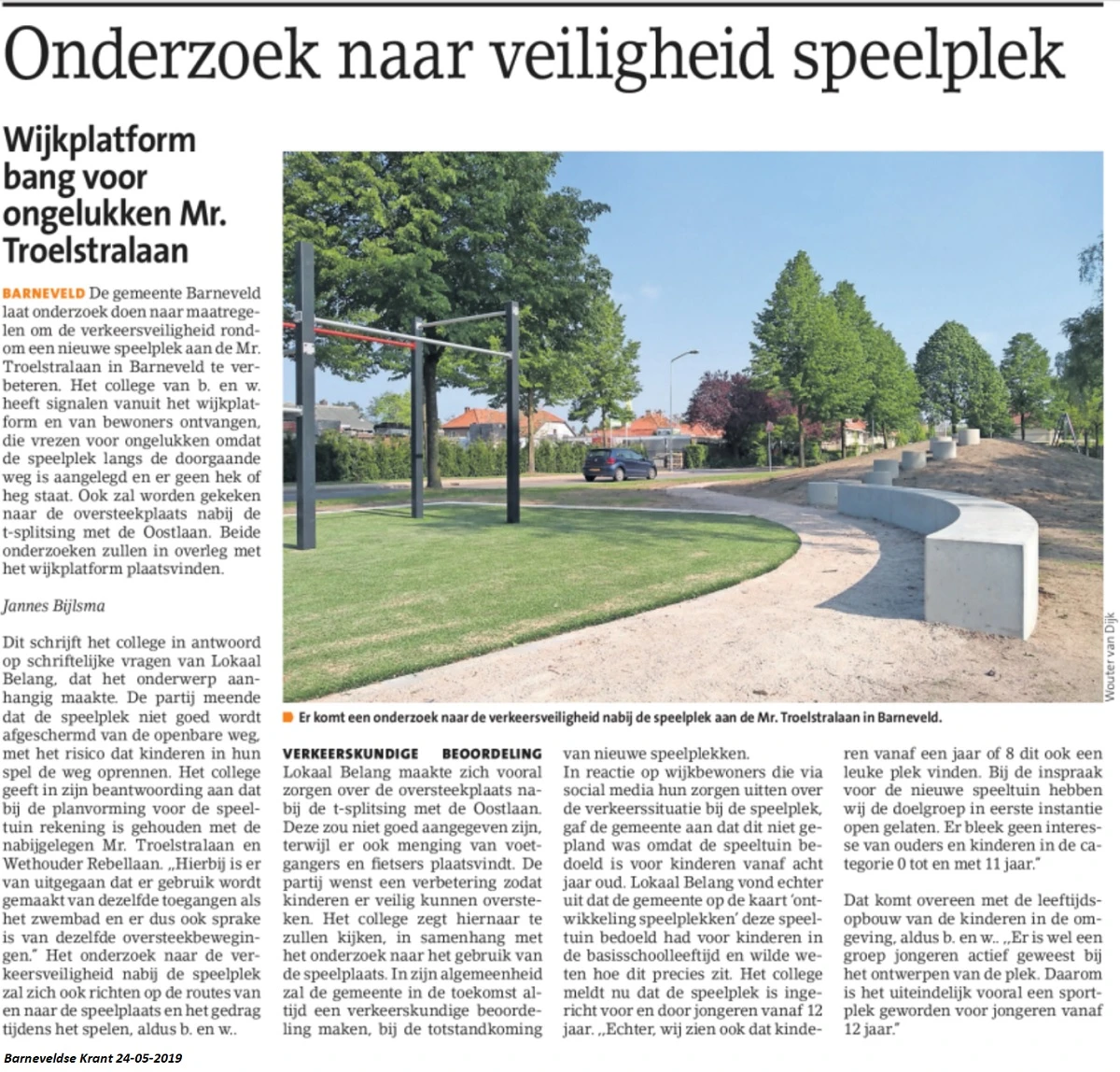 Barneveldse Krant 24 mei 2019: Onderzoek naar veiligheid speelplek Troelstralaan