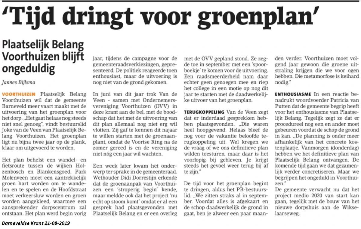Artikel Barneveldse Krant: 'Tijd dringt voor groenplan'