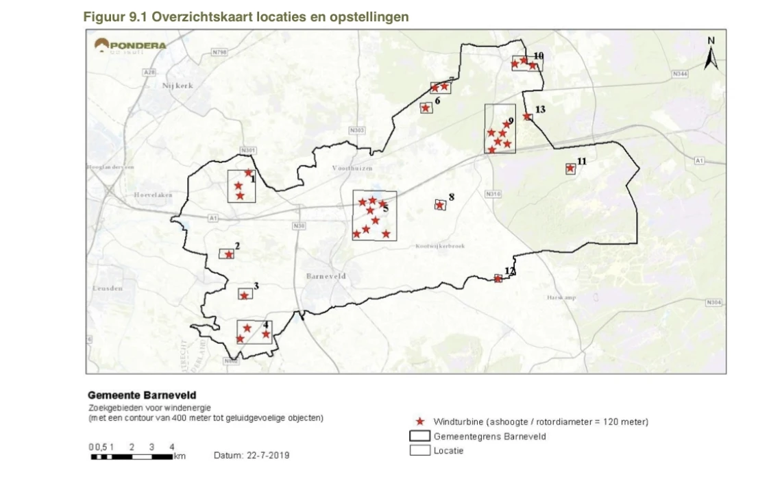 overzichtskaart locaties en opstellingen windenergie gemeente Barneveld
