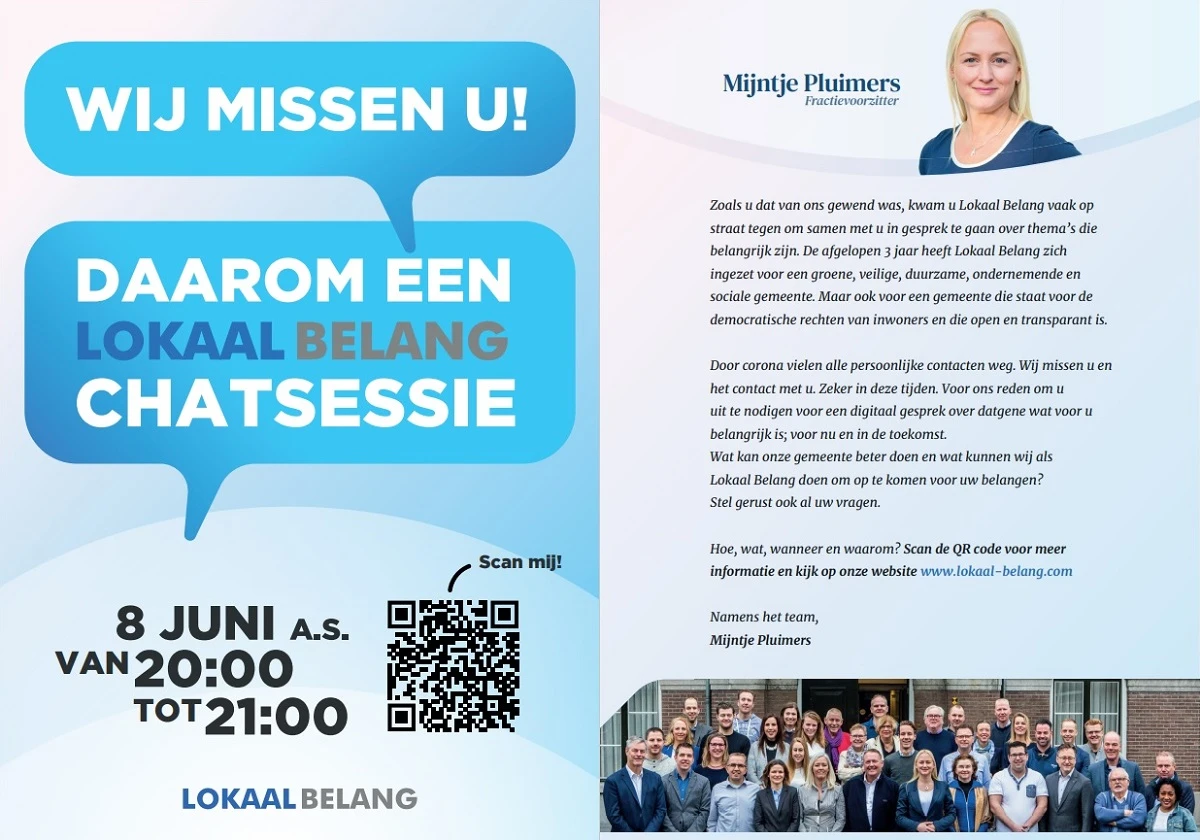 Lokaal Belang organiseert Live chatsessie met inwoners gemeente Barneveld