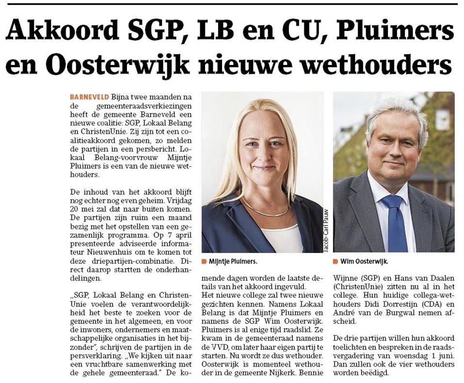 BK13mei2022 Akkoord SGP-LB-CU, Pluimers en Oosterwijk nieuwe wethouders