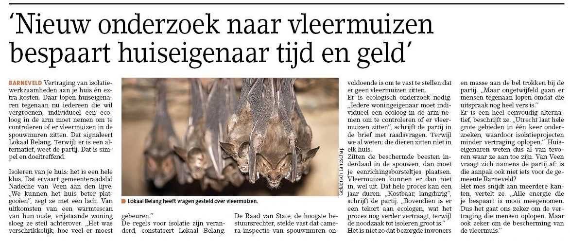 Artikel Barneveldse Krant 25okt2023: Nieuw onderzoek naar vleermuizen bespaart huiseigenaar tijd en geld