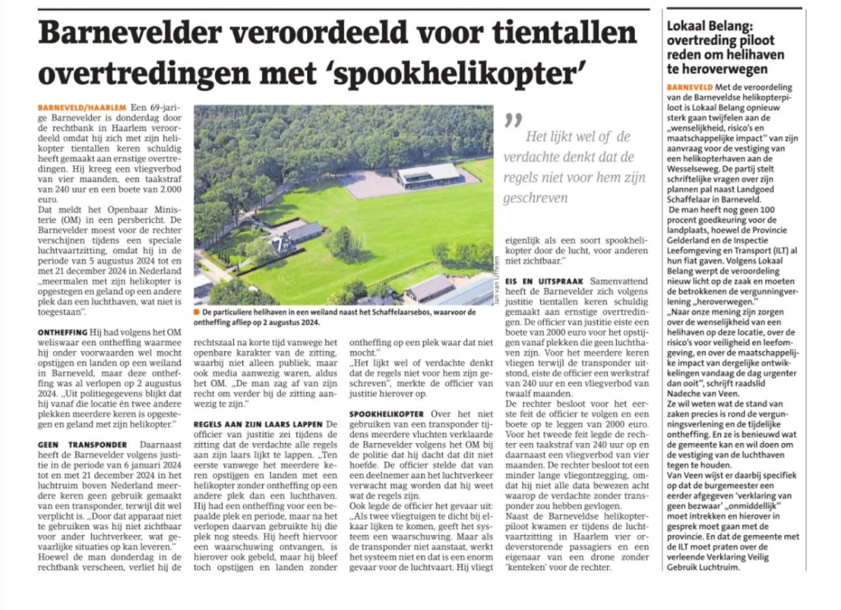 Schriftelijke vragen Lokaal Belang in Barneveldse Krant: overtreding piloot reden om helihaven te overwegen