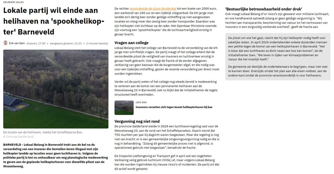 Artikel Omroep Gelderland 11-07-2025 Lokale partij wil einde aan helihaven na spookhelikopter Barneveld