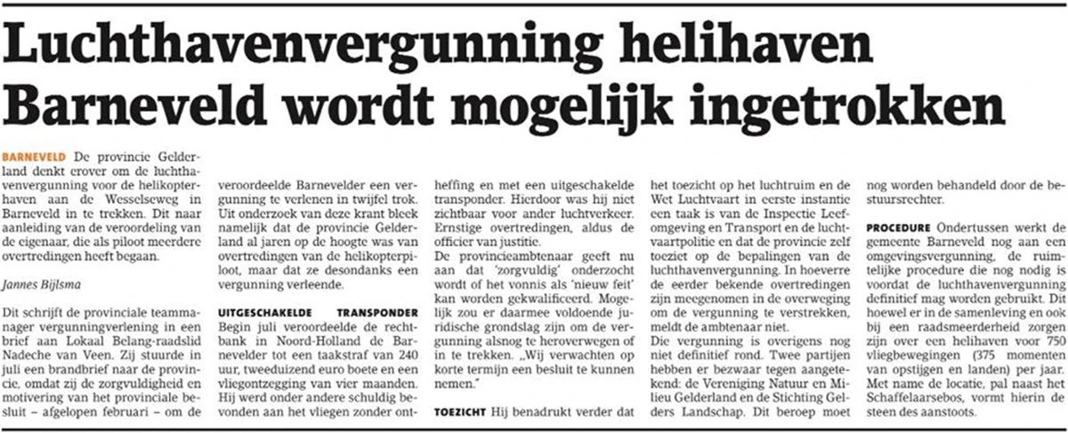 BK4okt2025 Luchthavenvergunning helihaven Barneveld wordt mogelijk ingetrokken