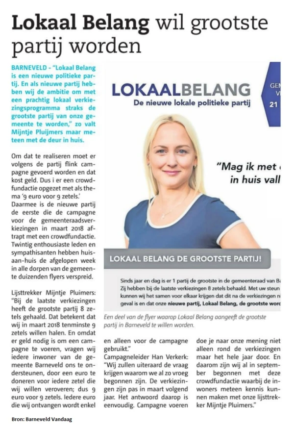Nieuwsbericht uit Barneveld Vandaag: Lokaal Belang wil grootste partij worden