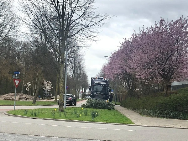 Vanuit de Oostlaan, stilstaande vrachtauto’s tegenover speelplek 