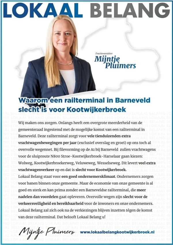 Flyer Kootwijkerbroek geen railterminal gemeente Barneveld