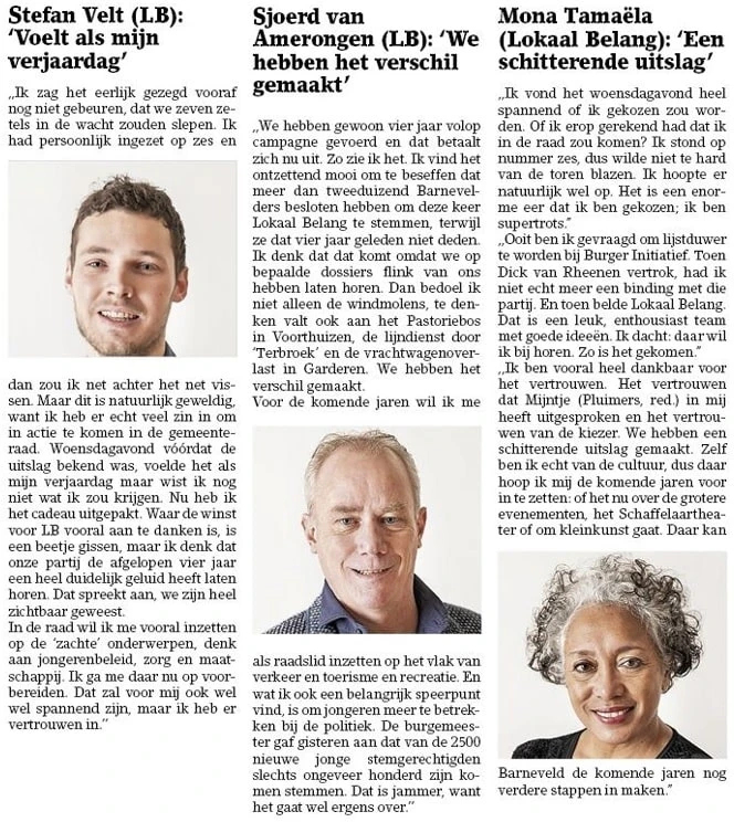 Reacties van de nieuwe raadsleden van Lokaal Belang Barneveld: Stefan Velt, Sjoerd van Amerongen en Mona Tamaela