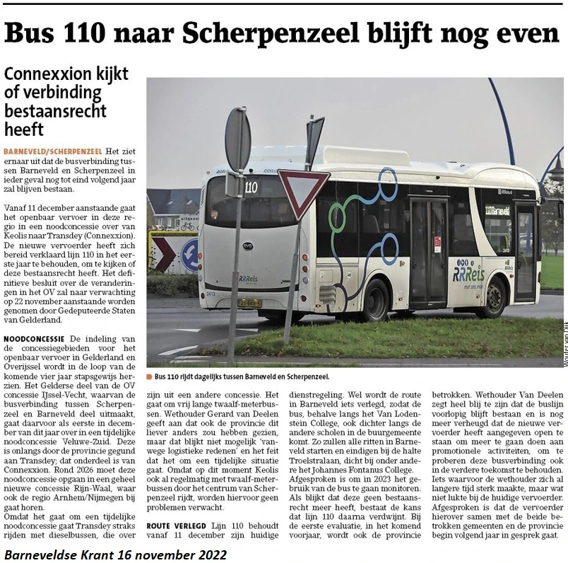 Buslijn 110 Barneveld-Scherpenzeel blijft nog even